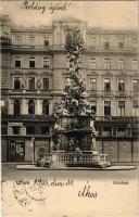 1903 Wien, Vienna, Bécs I. Graben, Wiener Pestsäule, P. Zopperitsch, Wilhelmine Stoka, Nägele & Strubell, Dr. B. Wieseltisch, Bankfirma Herm. Knopflmacher, Ripper / street, monument, shops (fl)