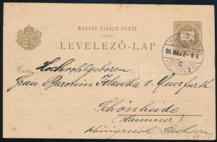 1896 2kr díjjegyes milleniumi képeslap "BUDAPEST KIÁLLÍTÁS 2. SZ." alkalmi bélyegzéssel Németországba