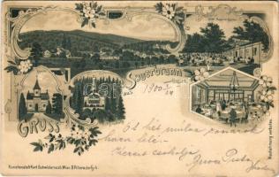 1900 Savanyúkút, Bad Sauerbrunn bei Wiener Neustadt; Hotel Mayer mit Garten, Kapelle, Villa Hartig, Speisesaal. Kunstanstalt Karl Schwidernoch / szálloda, kápolna, villa, étterem belső / hotel, chapel, villa, restaurant interior. Art Nouveau, floral, litho (EK)