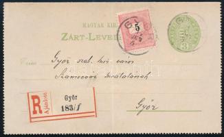 1897 Helyi ajánlott 3kr zárt díjjegyes levelezőlap 5kr díjkiegészítéssel "GYŐR" (nagyon ritka bérmentesítés!)