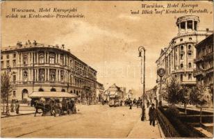 1916 Warszawa, Warschau, Warsaw, Varsó; Hotel Europejski widok na Krakowskie-Przedmiescie / Hotel Europa und Blick auf Krakauer-Vorstadt / street view, hotel, tram (fl)