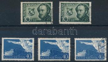 1941 Széchenyi 2 db 10f "fehér hasú holló" és 3 db 40f "zászló nélküli hajóárbóc" lemezhibával (13.500) (1 x 40f rozsda / stain)