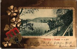 1901 Praha, Prag; Pozdrav z Prahy, Partie pod Letnou (Letná). Art Nouveau, floral litho with coat of arms (EK)