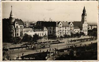 1940 Nagyvárad, Oradea; Piata Unirii / Egyesülés tér, villamos, gyógyszertár, üzletek / square, tram, pharmacy, shops (fa)