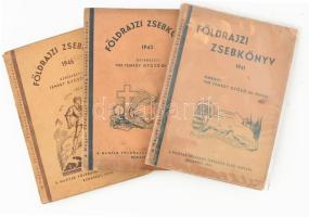 vitéz Temesy Győző (szerk.): Földrajzi zsebkönyv, 3 kötet: 1941., 1943., 1945. Bp., 1941-1945, Magyar Földrajzi Társaság, 208 p., 240 p., 256 p. Kiadói papírkötés, változó állapotban, helyenként foltos lapokkal.