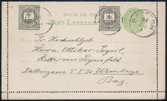 1896 3kr díjjegyes zárt levelezőlap 2 x 1kr díjkiegészítéssel, Prágába "SZŐREGH"