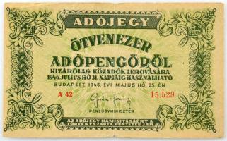 1946. 50.000AP "A 42 15.529", elfordított Államkincstár vízjellel T:F,VG a hajtás mentén kis anyaghiány, egyébként erős papír. R! /  Hungary 1946. 50.000 Adópengő "A 42 15.529", with rotated State Treasury watermark C:F,VG small material error along the fold line, otherwise sturdy paper. R!  Adamo P50h