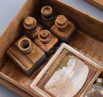 Antik aranyozó készlet, közte használható tartalmakkal, Kugler Gerbaeaud fadobozban, 24x15 cm