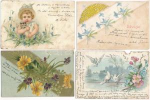 40 db RÉGI hosszú címzéses virágos litho üdvözlő képeslap vegyes minőségben / 40 pre-1905 flower litho greeting postcards in mixed quality