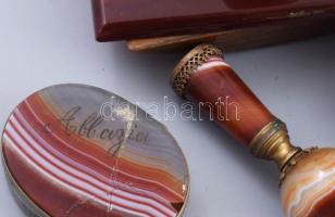 cca 1890, 8 részes agát irodai szett: tapper, fényképtartó gömblábai, pecsételő, tintatartó tartály,...