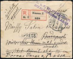 1915 Expressz ajánlott levél hátoldalán Turul 5f + 2 x 30f bérmentesítéssel "K.u.K. MILITARZENSUR / SITZ DER KOMMISSION: KASSA" (hajtóka hiányzik / missing flap)