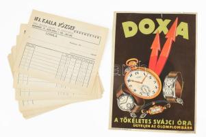 cca 1930-1940 Doxa. A tökéletes svájci óra plakát 24x17 cm, kis szakadással + cca 1940 Ifj. Kalla József órásmester 10 darab fejléces kitöltetlen számla.