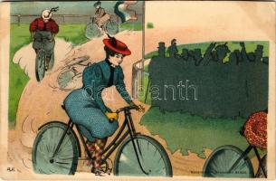 Ladies riding bicycles, cycling. Rosenbaum Bruxelles No. 605. Art Nouveau, litho s: A. F. (vágott / cut)