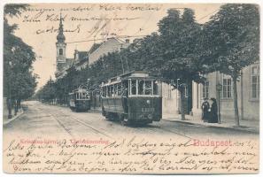 1905 Budapest I. Krisztina körút, villamosok, plébániatemplom (EK)