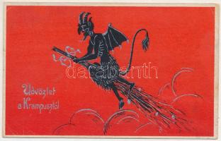 1924 Üdvözlet a Krampusztól / Krampus flying on a broomstick. S.B. 5130. (EK)