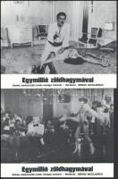 cca 1989 előtt készült, ,,Egymillió zöldhagymával" című román film jelenetei és szereplői, 8 db produkciós filmfotó (vitrinfotó, lobbyfotó) nyomdatechnikával sokszorosítva kartonpapírra, egyoldalas nyomással, a használatból eredő (esetleges) kisebb hibákkal, 18x24 cm