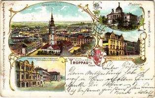 1897 (Vorläufer!) Opava, Troppau; Gesammtbild, Museum, Rathaus u. Sparkassa, Landesregierung u. Minoritenconvent / general view, museum, town hall, savings bank, government building, Minorite convent, coat of arms. Geographische Postkarte v. Wilh. Knorr No. 10. Art Nouveau, floral, litho (EK)