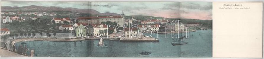 Kraljevica, Portoré, Porto Ré; Pogled na Hreljin / Links oben Hreljin, Adria-Quarnero. 3-részes kihajtható panorámalap / 3-tiled folding panoramacard. Ed. Feitzingers Kunstverlag Quarn. No. 12 II L. 1906. (fa)