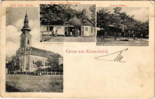 1906 Katalinfalva, Kathreinfeld, Katareinfeld, Ravni Topolovac; Röm. kath. Kirche, Gemeindehaus, Majer Stefan Warenhaus / Római katolikus templom, Községháza, Majer Stefan üzlete / Catholic church, town hall, shop (fl)