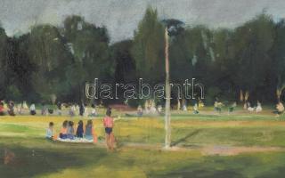 Jelzés nélkül, XX. sz. közepe: Kirándulók a ligetben. Olaj, vászon, kissé sérült. Dekoratív, sérült ...
