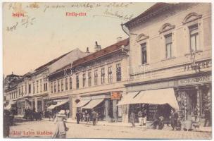 1908 Lugos, Lugoj; Király utca, Schönborn, Kohn Adolf és fiai, Blum üzlete, Mayer Károly vaskereskedése az arany lóvakaróhoz. Sziklai Lajos kiadása / street, shops (EK)