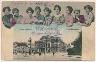 1909 Pozsony, Pressburg, Bratislava; Városi színház. Egy tekintet Pozsonyra... Szecessziós montázs hölgyekkel / theatre, Art Nouveau montage with ladies (ázott / wet damage)