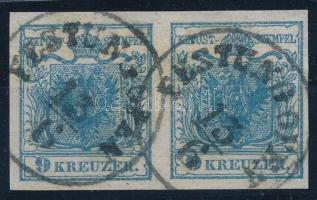 1850 9kr HP IIb vízszintes pár, szürkéskék, kiemelt középrésszel / horizontal pair, greyish blue, highlighted middle part "FESTUNG OFEN". Certificate: Strakosch (ANK EUR 150,-)