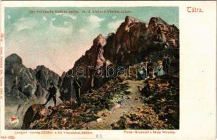 Tátra, Magas-Tátra, Vysoké Tatry; Der Polnische Kamm m. d. kleinen Visoka / Lengyel-nyereg a Kis-Viszokával. Feitzinger Ede 1904/14. 303. Auto-Chrom / Polski Grzebien z Mala Wysoka / mountain, hikers