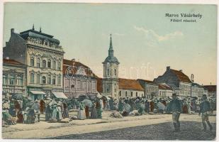 1909 Marosvásárhely, Targu Mures; Fő tér, piac, Petrás Géza, Szalmásy Gyula, Hary Géza, Schwartz János és József Emil üzlete. Porjes S. Sándor kiadása / main square, market, shops