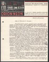 1935 Bp., Magyar Wolframlámpa-gyár Kremeneczky János R.T. ,,Orion-Neon" fejléces levélpapírra írt, személyes tartalmú levél