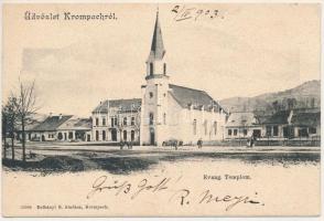 1903 Korompa, Krompach, Krompachy (Szepes); Evangélikus templom, bor és sörcsarnok, vendéglő és étterem. Balkányi S. kiadása / Lutheran church, beer hall, restaurant (fl)