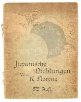 Florenz, Karl: Dichtergrüsse aus dem Osten. Japanische Dichtungen. Übertragen von Prof. Dr. - - in Tokyo. Leipzig - Tokyo, ,C. F. Amelang's Verlag - T. Hasegawa. 5. kiadás. Német nyelven. Táblanyomatos könyv, fametszetű illusztrációkkal, krepp-papír lapokkal, a kiadói tok sérült, foltos, hiányos: csak az elülső és a hátsó tábla van meg.