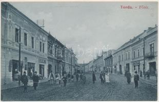 Torda, Turda; Fő tér, Leöb Dávid, Flóra Antal és Sterl Gyula üzlete. Füssy József kiadása / main square, shops (EK)