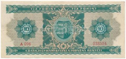 1946. 10Ft "A 096 038594" T:F erős papír, tűzőgép-lyukak / Hungary 1946. 10 Forint "A...