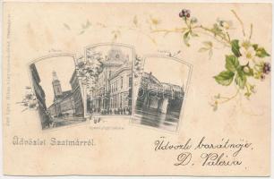 1899 (Vorläufer) Szatmárnémeti, Satu Mare; zárda, Igazságügyi palota, Vashíd. Lövy Miksa kiadása / nunnery, palace of justice, bridge. Art Nouveau, floral, litho (vágott / cut)