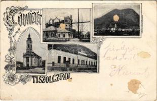 1899 (Vorläufer) Tiszolc, Tisovec; M. kir. vasgyár, látkép, Evangélikus templom, M. kir. állami iskola. Kohn Albert kiadása / ironworks, iron factory, general view, Lutheran church, school. Art Nouveau, floral (felületi sérülés / surface damage)