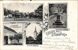 1901 Komornok, Komoristye, Comoraste (Banat); Fő utca, Erzsébet emlékmű, templom, Moldován D. üzlete és saját kiadása / Hauptstrasse, Elisabeth Denkmal, Kirche, Moldován D. / main street, monument, church, shop. Art Nouveau, floral (EM)