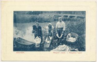 Pöstyén, Piestany; Pöstyéni alakok, mosóasszonyok a Vág partján. Schultz Paula kiadása. W.L. Bp. 878. / Pöstyéner Typen / Upper Hungarian (Slovak) folklore, women washing in Váh the river (EK)