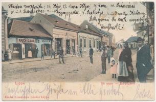 1908 Lippa, Lipova; Fő utca, Rauch Izidor zsidó férfi szabó üzlete, Lukács Lídia házi kenyérsütödéje. Konstántin Sándor kiadása / Hauptgasse / main street, shops, bakery (fl)