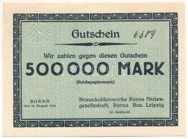 Német Birodalom / Weimari Köztársaság / Borna / Bornai Barnakőszénbánya Rt. 1923. 500.000M T:AU kisebb hajlások Germany / Weimar Republic / Borna / Brown Coal Mine Company of Borna (Braunkohlenwerke Borna Aktiengesellschaft) 1923. 500.000 Mark C:AU smaller bends