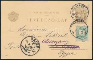 1896 2kr millenniumi díjjegyes levelezőlap Színesszámú 3kr díjkiegészítéssel Munkácsról Kairóba, majd onnan továbbküldve Asszuánba / 2kr millennial PS-card with 3kr additional franking from "MUNKÁCS" to Cairo, redirected to Assouan