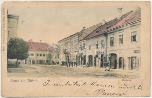 1904 Beszterce, Bistritz, Bistrita; Rathaus / Városház, Karl J. Gottstein és R. Mann. üzlete. F. Stolzenberg kiadása / town hall, shops (EK)