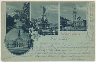 1900 Arad, Baross park, Vértanúk szobra, Római katolikus templom, Városháza. Révész Nándor kiadása / park, monument, Catholic church, town hall. Art Nouveau floral (EK)