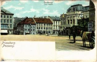 Pozsony, Pressburg, Bratislava; Theaterplatz / Színház tér, üzletek / theatre, square, shops. Heliocolorkarte von Ottmar Zieher (fl)