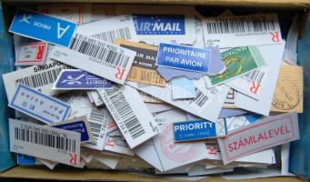 Postai kezelési jelzések, közel fél kiló kivágás (ajánlási ragjegy, légi, elsőbbségi, levélzáró az egész világból)