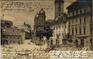 1905 Pozsony, Pressburg, Bratislava; Hal tér, zsinagóga, kávéház, Szentháromság szobor / square, synagogue, café, Holy Trinity statue. photo (vágott / cut)