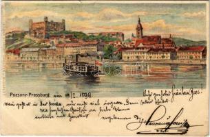 1899 (Vorläufer) Pozsony, Pressburg, Bratislava; vár, gőzhajó / castle, steamship. Edgar Schmidt litho (szakadások / tears)