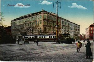 Pozsony, Pressburg, Bratislava; Savoy szálloda, Pozsony-Bécs villamos vasút, vonat / Pressburg-Wien electr. Bahn. Krönungshügelplatz / hotel, Bratislava-Vienna urban railway, tram, train (EK)