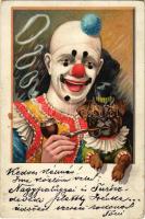 1900 Bohóc és pipázó kutya / Clown and dog smoking a pipe No. 7011. Art Nouveau litho (EB)