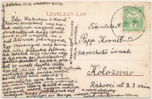 1912 Bethlen, Beclean; Fő tér, Babcsák Gerő és Babcsák A. üzlete. Schönfeld és Dávid kiadása / main ...